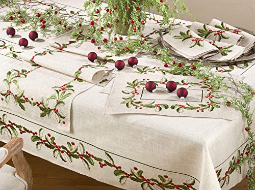 Fennco Styles Embroidered Holly Design Christmas Linen Blend Tablecloth - Natural Table Cover for Home Décor, Banquets, Holiday Gathering and Special Events