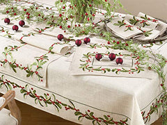 Fennco Styles Embroidered Holly Design Christmas Linen Blend Tablecloth - Natural Table Cover for Home Décor, Banquets, Holiday Gathering and Special Events