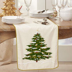 Fennco Styles Embroidered Christmas Tree Cotton Table Runner 16" W x 72" L - Natural Festive Table Cover for Home Décor, Dining Table, Banquet, Holiday, Christmas and Special Occasion