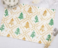 Fennco Styles Christmas Trees Cotton Table Runner 14" W x 72" L - Gold & Green Winter Tree Table Cover for Home, Dining Room, Holiday Décor, Banquets and Special Events