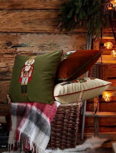 Fennco Styles Embroidered Sequin Nutcracker Velvet Throw Pillow Cover 18" W x 18" L - Green Festive Cushion Case for Home, Christmas, Winter Holidays Décor, and Special Occasions