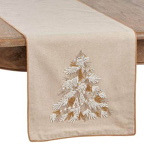 Fennco Styles Beaded Christmas Tree Cotton Table Runner 16 x 72 Inch - Natural Table Cover for Holiday Décor, Everyday Use, Banquets and Special Events