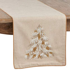 Fennco Styles Beaded Christmas Tree Cotton Table Runner 16 x 72 Inch - Natural Table Cover for Holiday Décor, Everyday Use, Banquets and Special Events