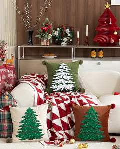 Fennco Styles Embroidered Christmas Tree Pom Pom Throw Pillow Cover 18" W x 18" L - Green Festive Cushion Case for Home, Christmas, Winter Holidays Décor, and Special Occasions