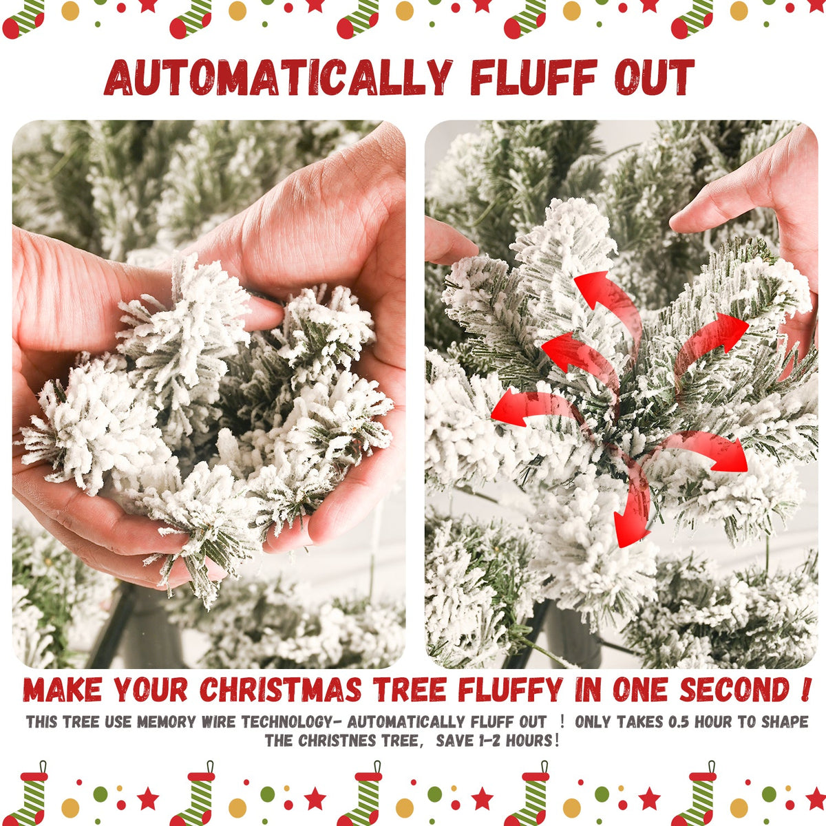 6FT Flocked Christmas Tree with 350 Warm LED Lights - Snowy Finish