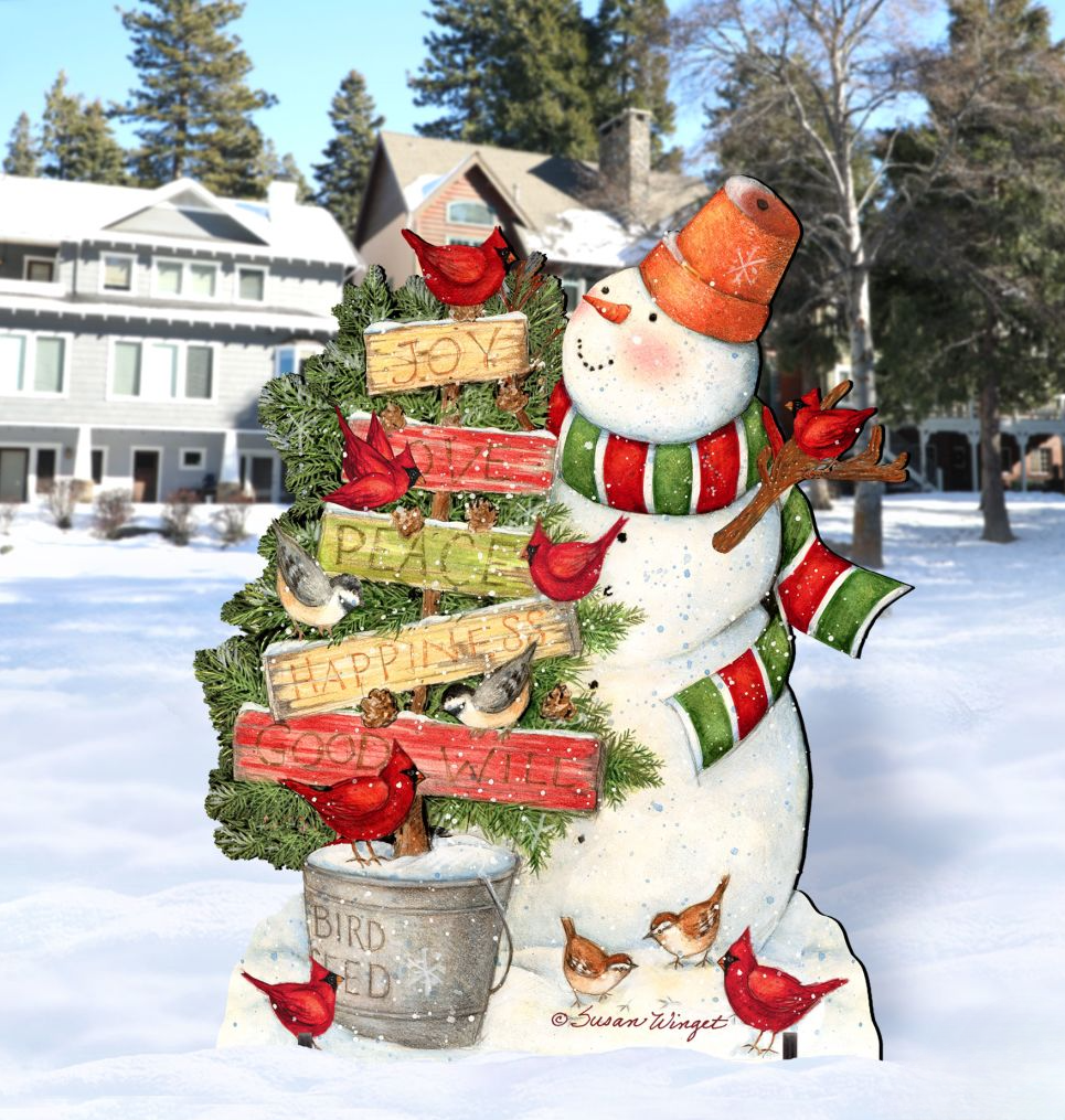 Joy Love and Peace Snowman Christmas Outdoor Scene by Susan Winget - Christmas Santa Snowman Decor