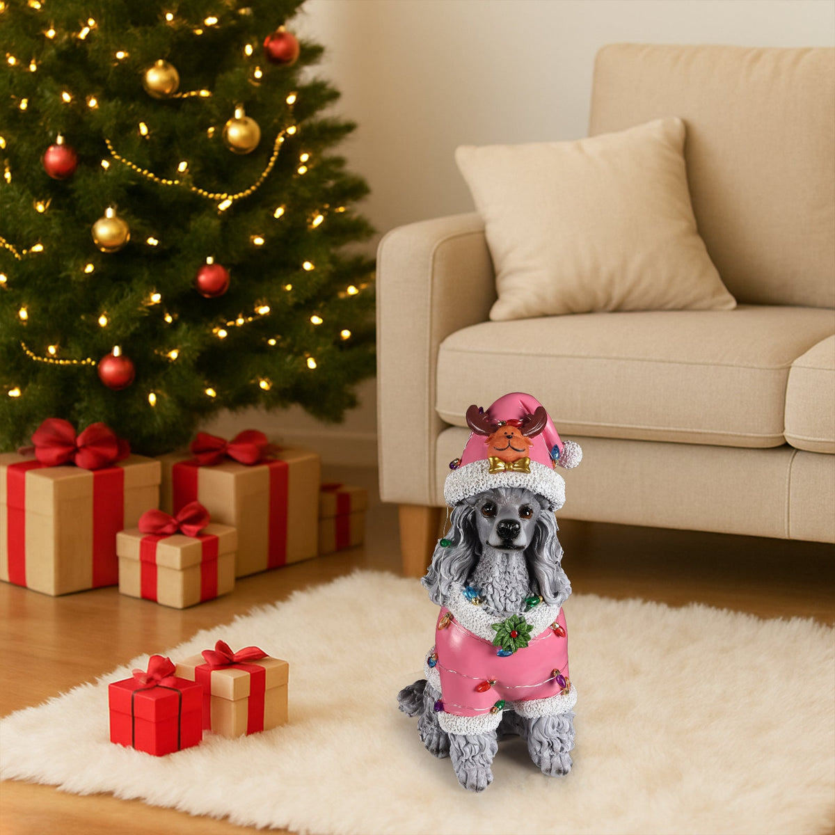 Christmas Poodle Statue with Festive Santa Outfit - Multicolor