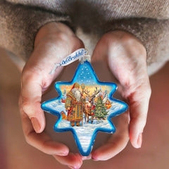 Santa with Reindeer Star Glass Ornament by G. Debrekht - Christmas Santa Snowman Decor - 755-050