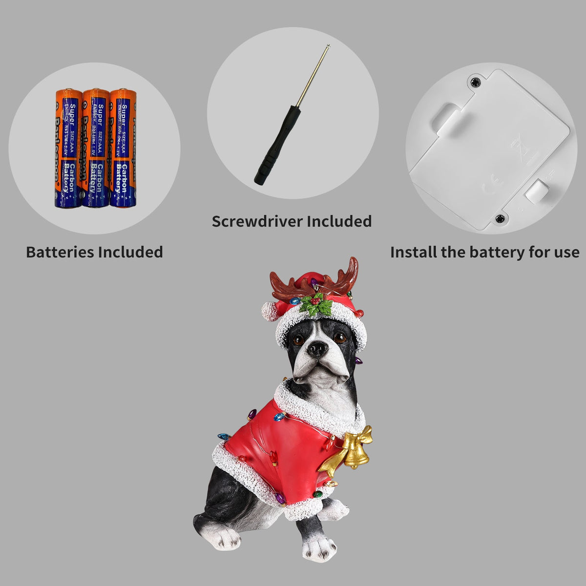 Christmas Boston Terrier Statue with Santa Outfit - Red & White