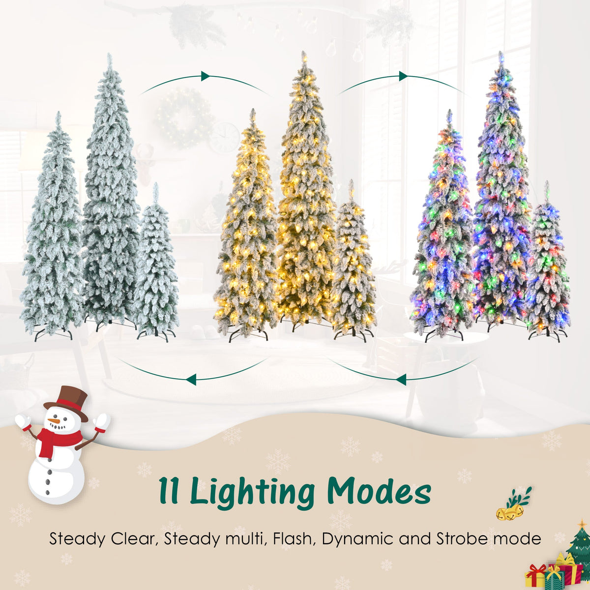 Pre-Lit Pencil Christmas Tree 3-Set, 4ft/6ft/8ft, Snow-Flocked, 290 LED Lights, White and Green