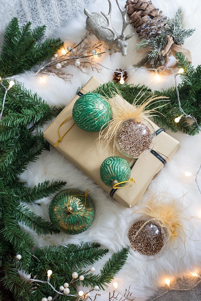 Glass Christmas Ball Ornaments with Decorative Finish - Green, Gold, Red