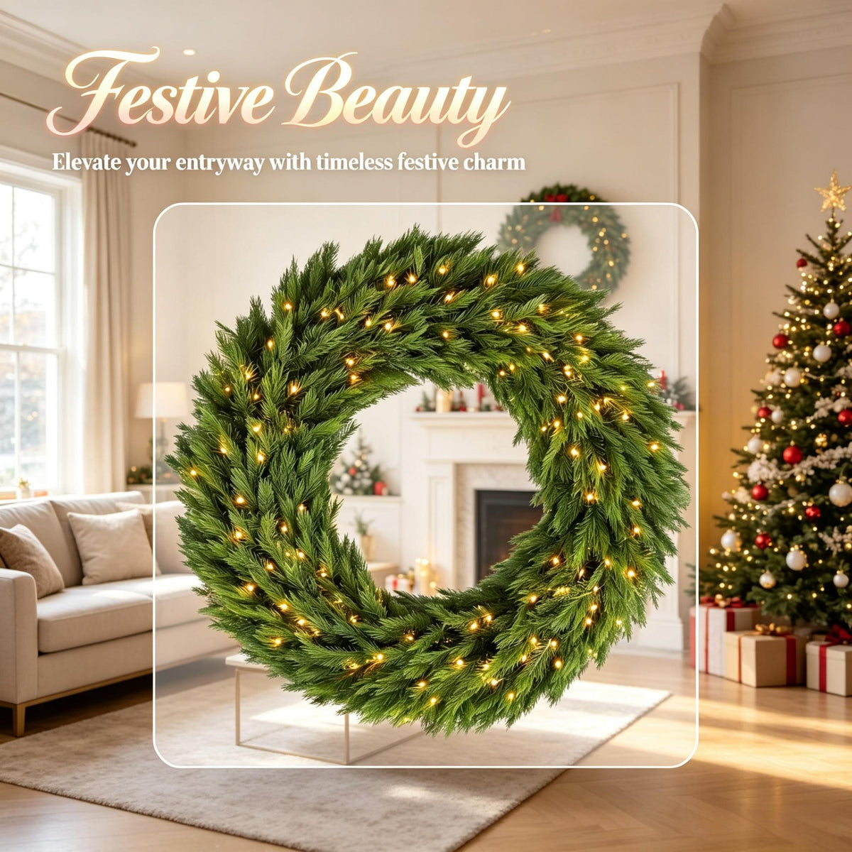 48in Pre-Lit Norwegian Spruce Christmas Wreath with 150 LED Lights - Green