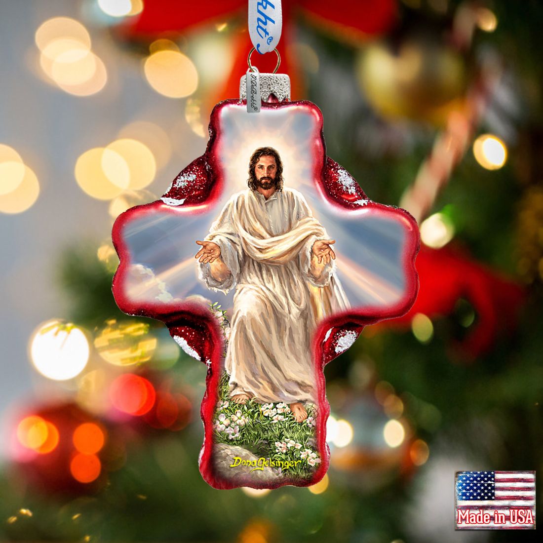 Jesus Resurrections Icon Cross Glass Ornament - Nativity Holiday Decor - 758-021-DG