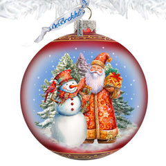 Santas Frosty Friend Lg Glass Ornament by G.Debrekht - Christmas Santa Snowman Decor - 73941