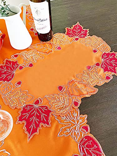 Fennco Styles Embroidered Sequin Autumn Leaves Table Runner 16" W X 33" L - Terracotta Harvest Foliage Table Cover for Thanksgiving, Holiday, Banquets, Special Occasion