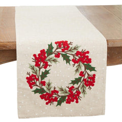 Fennco Styles Holly Berry Wreath Christmas Table Runner 16"W x 70"L - Natural Festive Linen Blend Table Cover for Winter Holidays Décor, Dining Table, Banquet, Family Gathering, and Special Occasions