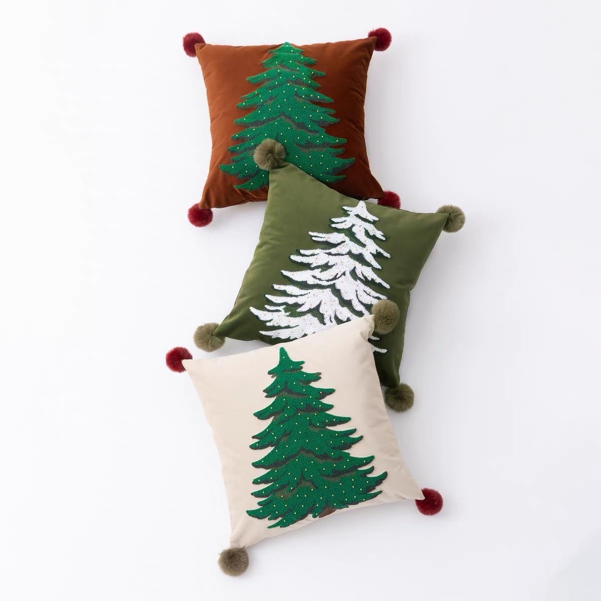 Fennco Styles Embroidered Christmas Tree Pom Pom Throw Pillow Cover 18" W x 18" L - Green Festive Cushion Case for Home, Christmas, Winter Holidays Décor, and Special Occasions