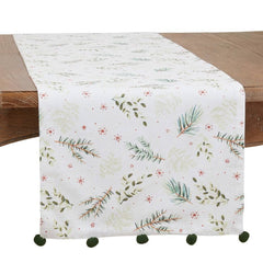 Fennco Styles Christmas Foliage Cotton Table Runner 16" W x 72" L - Green Pom Pom Festive Table Cover for Home, Dining Room, Winter Holiday Décor, Banquets, and Special Events