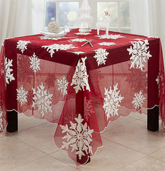 Fennco Styles Du Froid Collection Christmas Embroidery Beaded Snowflake 54 x 54 Inch Tablecloth – Red Table Cover for Holiday Dinner, Family Gathering, Special Events, Home Décor