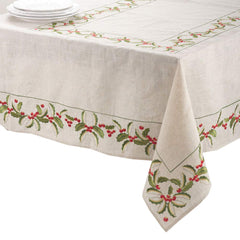 Fennco Styles Embroidered Holly Design Christmas Linen Blend Tablecloth - Natural Table Cover for Home Décor, Banquets, Holiday Gathering and Special Events