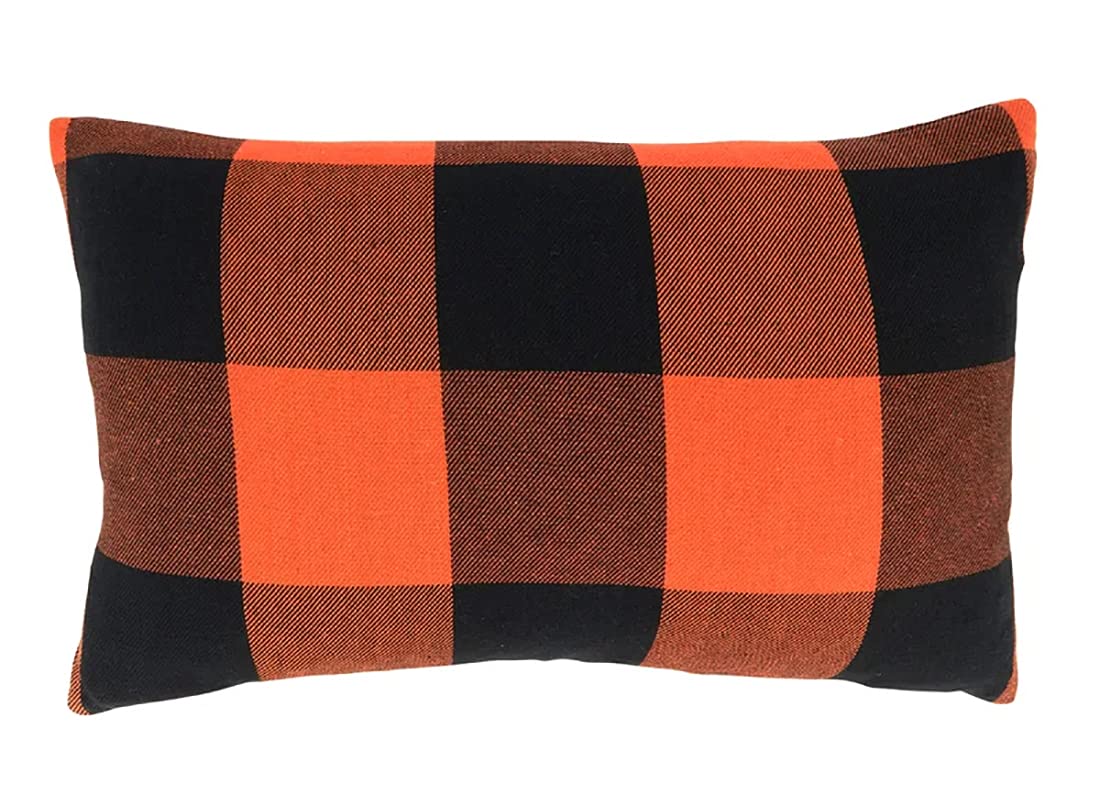 Fennco Styles Rustic Buffalo Plaid Design Cotton Decorative Throw Pillow 13 x 20 Inch - Orange Black Holiday Accent Pillow for Home, Couch, Living Room, Bedroom and Office Décor