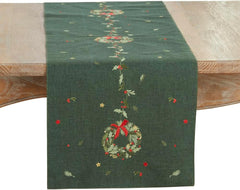 Fennco Styles Embroidered Wreath Christmas Table Runner 16" X 70" - White Festive Table Cover for Winter Holidays Décor, Dining Table, Banquet, Family Gathering, and Special Occasions