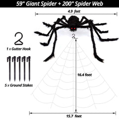 OCATO 200" Halloween Spider Web + 59" Giant Spider Decorations Black