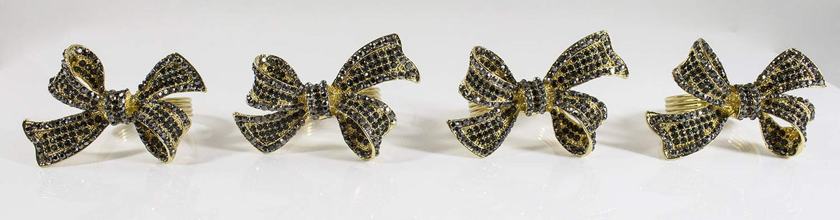Fennco Styles Stunning Crystal Bowknot Gold-Plated Napkin Rings Wedding Holiday Table Decoration - Set of 4