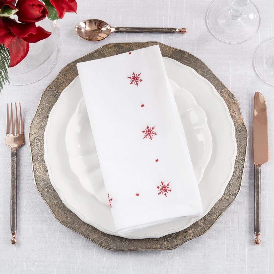 Fennco Styles White Embroidered Snowflake Christmas Table Runner 16" W x 72" L - Red Cotton Table Cover for Winter Holidays, Home Décor and Family Gatherings
