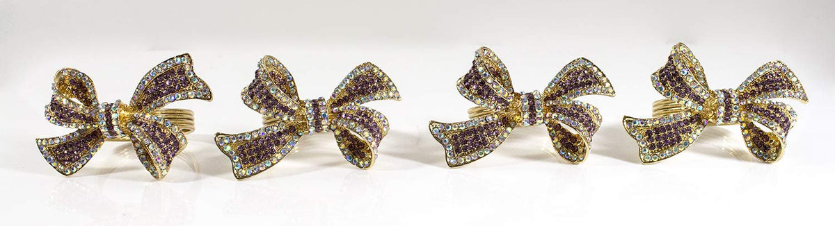 Fennco Styles Stunning Crystal Bowknot Gold-Plated Napkin Rings Wedding Holiday Table Decoration - Set of 4