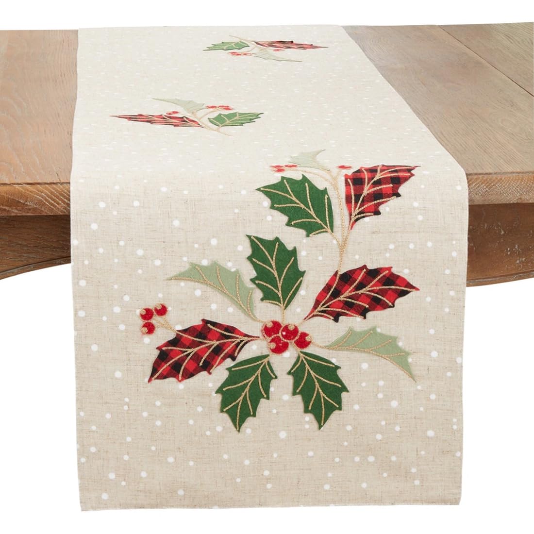 Fennco Styles Buffalo Plaid Holly Leaves Table Runner 16" W x 70" L - Natural Festive Linen Blend Table Cover for Winter Holidays Décor, Dining Table, Banquet, Family Gathering, and Special Occasions