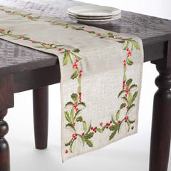 Fennco Styles Embroidered Holly Design Christmas Linen Blend Tablecloth - Natural Table Cover for Home Décor, Banquets, Holiday Gathering and Special Events