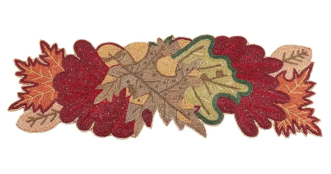 Fennco Styles Hand Beaded Fall Leaves Table Runner 13" W x 36" L - Multicolored Harvest Table Cover for Home Décor, Holidays, Family Gatherings, Banquets and Special Occasion