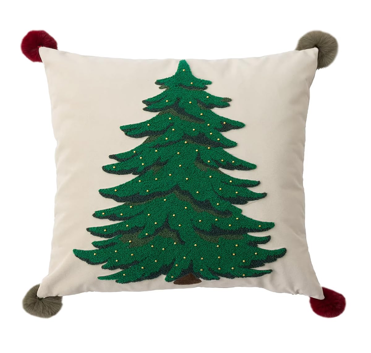 Fennco Styles Embroidered Christmas Tree Pom Pom Throw Pillow Cover 18" W x 18" L - Green Festive Cushion Case for Home, Christmas, Winter Holidays Décor, and Special Occasions