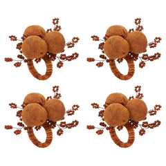 Fennco Styles Hand Beaded Cotton Pom Pom Napkin Rings, Set of 4 - Rust Decorative Festive Napkin Holders for Home, Dining Table, Banquet, Family Gathering, Holiday, Thanksgiving and Special Occasion