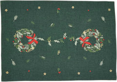 Fennco Styles Embroidered Wreath Christmas Placemats 14" X 20", Set of 4 - Green Festive Table Mats for Winter Holidays Décor, Banquet, Family Gathering, and Special Occasions