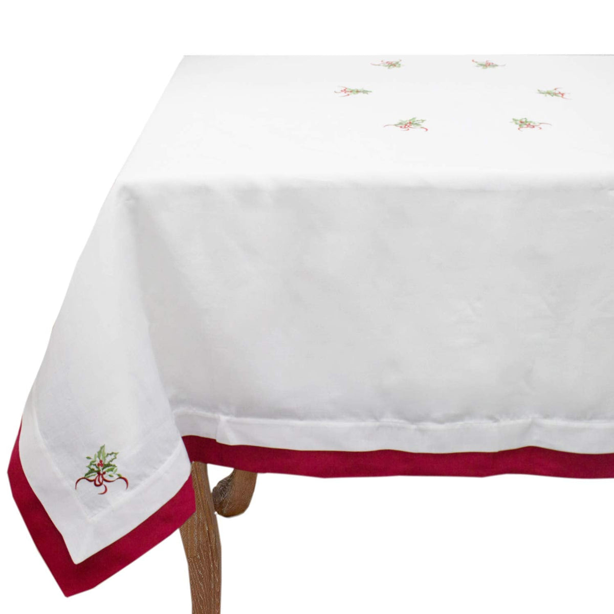 Fennco Styles Embroidered Holly Christmas Tree Double-Layer Holiday Tablecloth