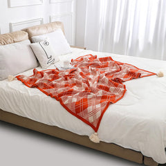 Fall Plaid Knit Throw Blanket with Tassel 50" W x 60" L – Orange Geometric Pattern Lightweight Blanket for Indoor Outdoor, Couch, Bedroom, Living Room and Office Décor