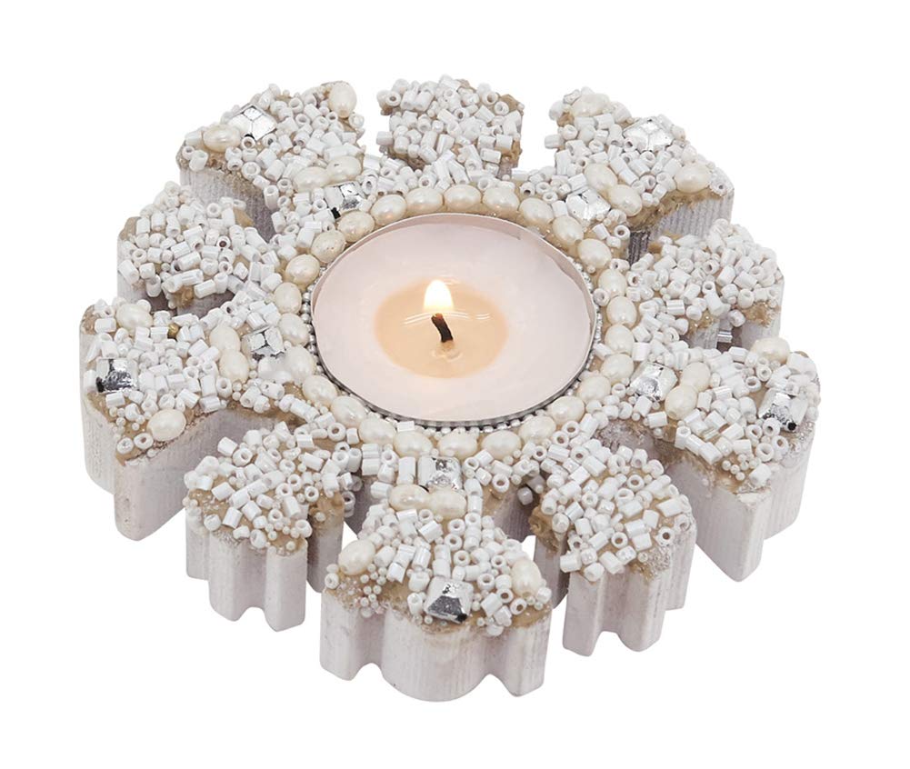 Fennco Styles Beaded Wooden Snowflake 4" W Candle Holder – Glass Beads Tealight Holder for Thanksgiving, Christmas Dinner, Family Gathering, Special Event & Home Decor