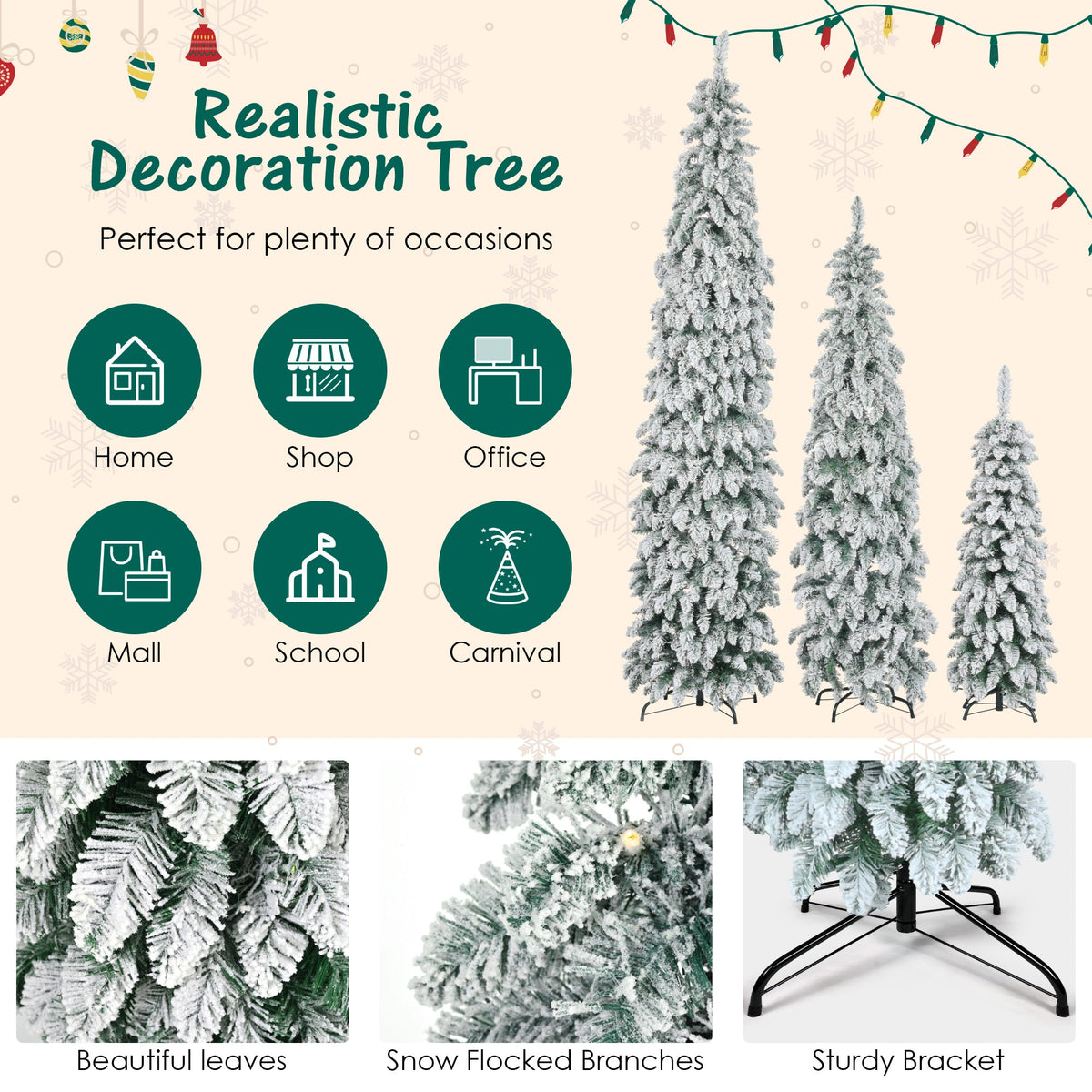 Pre-Lit Pencil Christmas Tree 3-Set, 4ft/6ft/8ft, Snow-Flocked, 290 LED Lights, White and Green