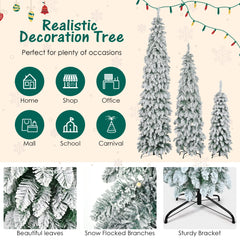Pre-Lit Pencil Christmas Tree 3-Set, 4ft/6ft/8ft, Snow-Flocked, 290 LED Lights, White and Green