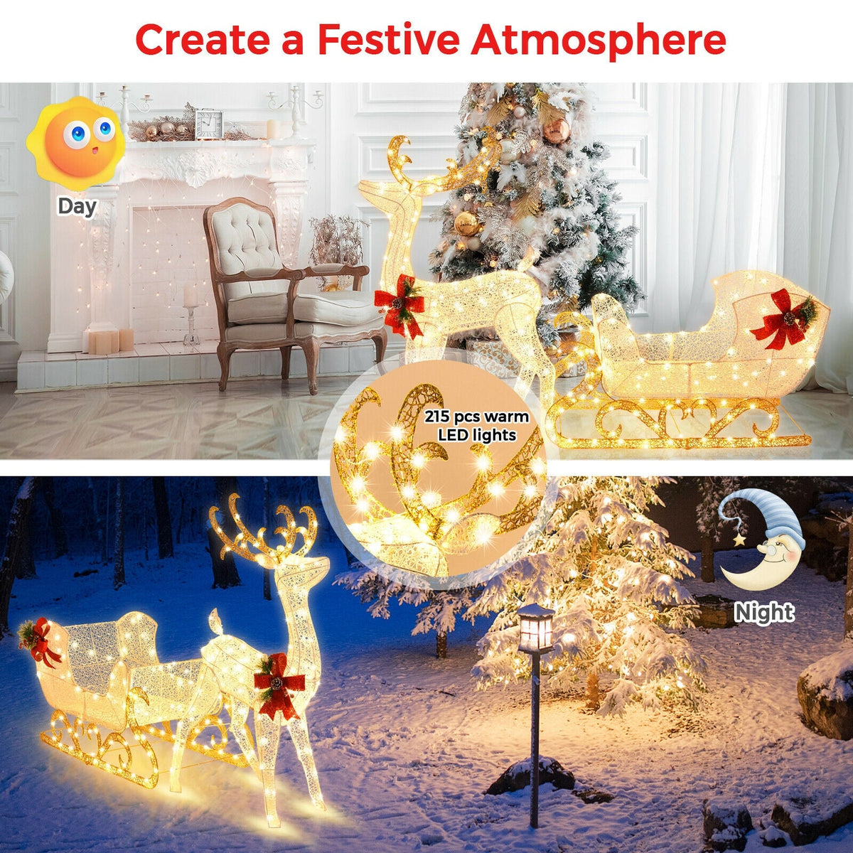 6 Feet Christmas Lighted Reindeer and Santa's Sleigh Decoration with 4 Stakes