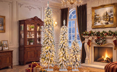 Snow Flocked Pre-Lit Pencil Christmas Tree with Warm LED Lights - White