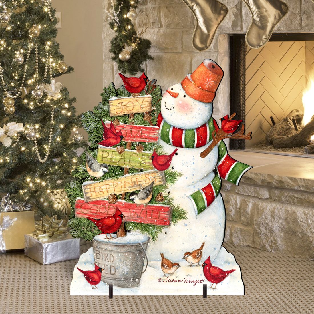 Joy Love and Peace Snowman Christmas Outdoor Scene by Susan Winget - Christmas Santa Snowman Decor