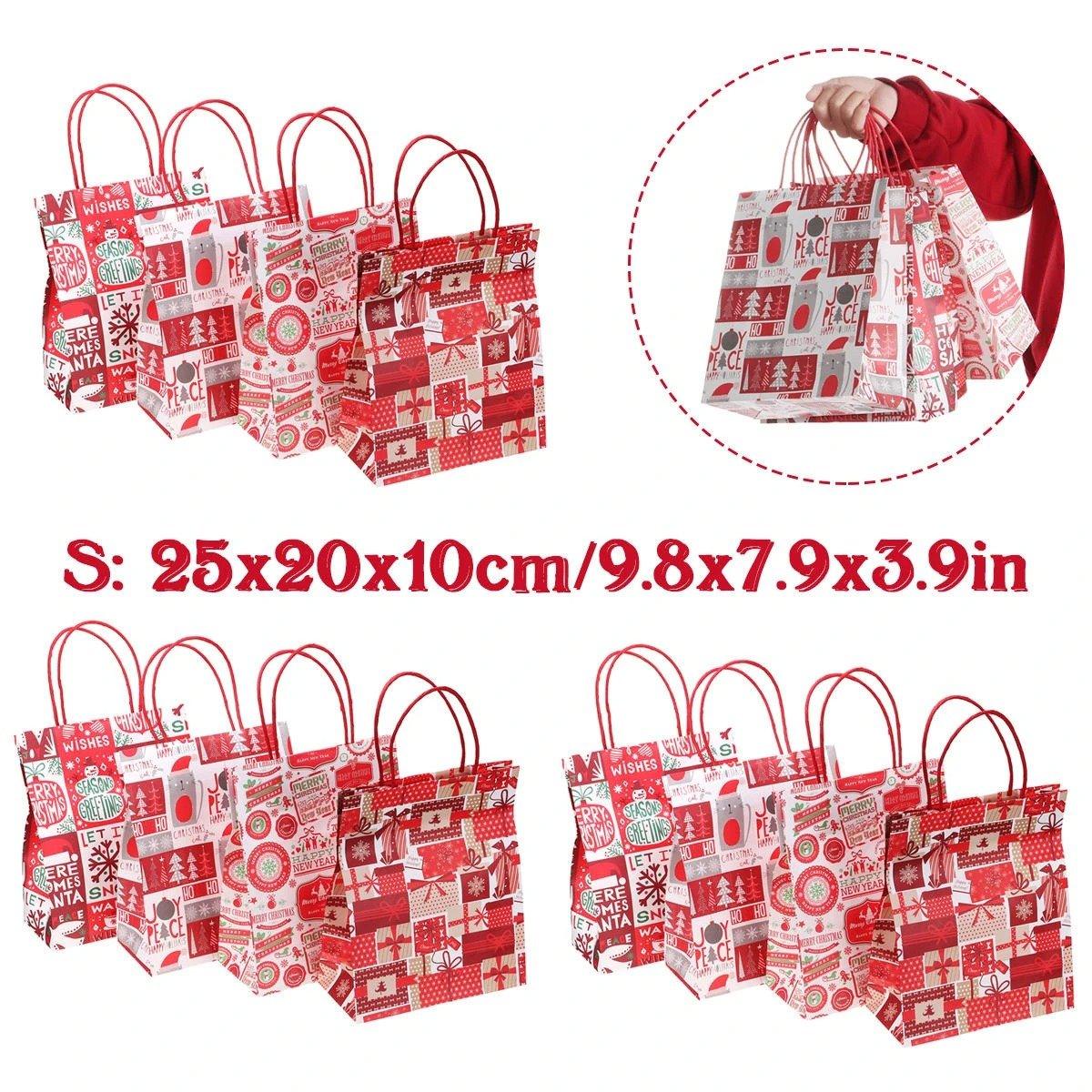Christmas Kraft Paper Gift Bags, Set of 12 with Festive Designs