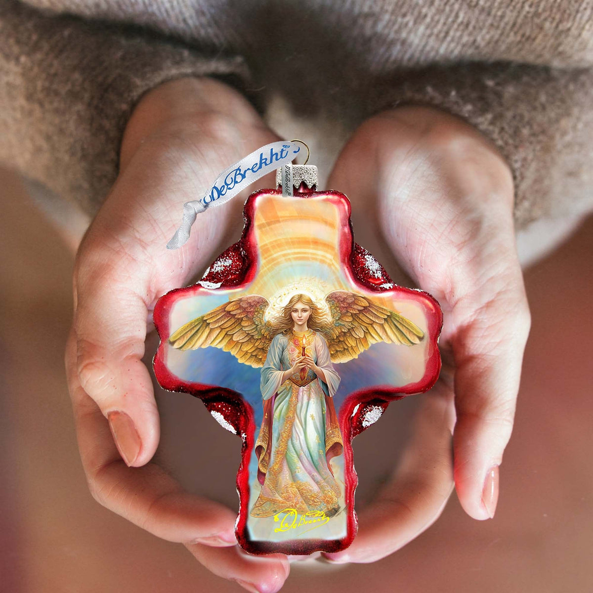 Angel Descending from Heaven Cross Glass Ornament by G. Debrekht - Nativity Holiday Decor - 758-025