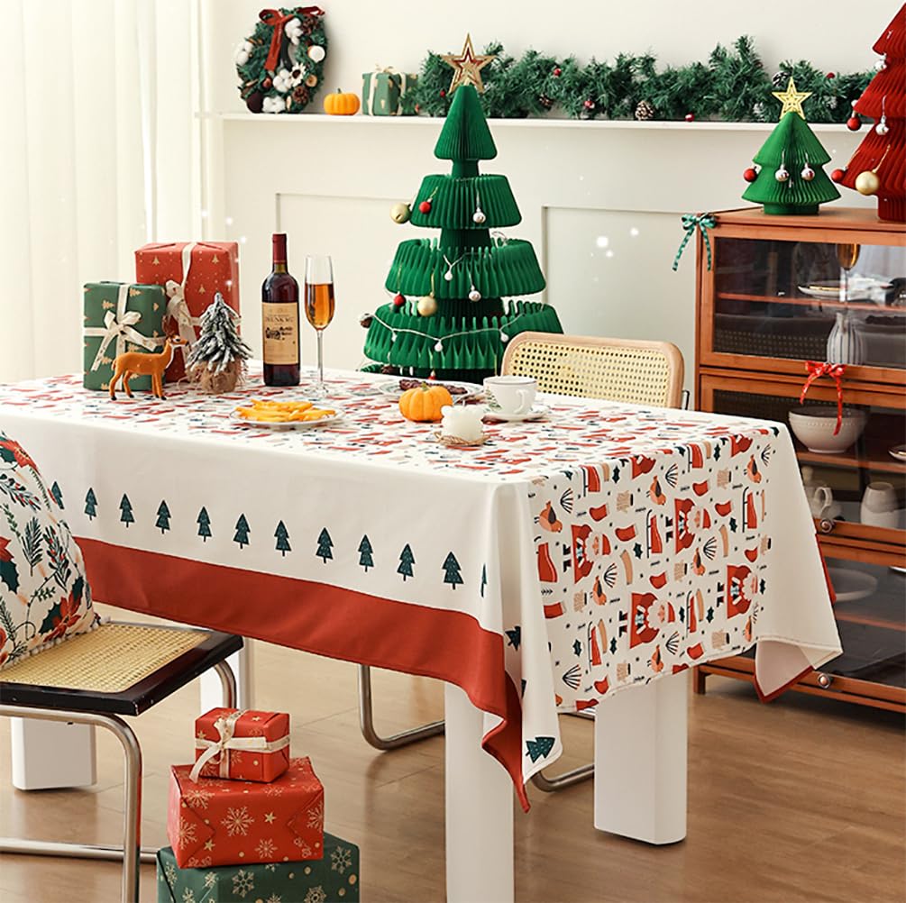 Fennco Styles Santa & Tree Holiday Design Tablecloth 56" W X71 L - Red Christmas Print Festive Table Cover for Christmas Décor, Dining Room, Banquet, Family Gathering and Special Events