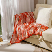 Fall Plaid Knit Throw Blanket with Tassel 50" W x 60" L – Orange Geometric Pattern Lightweight Blanket for Indoor Outdoor, Couch, Bedroom, Living Room and Office Décor