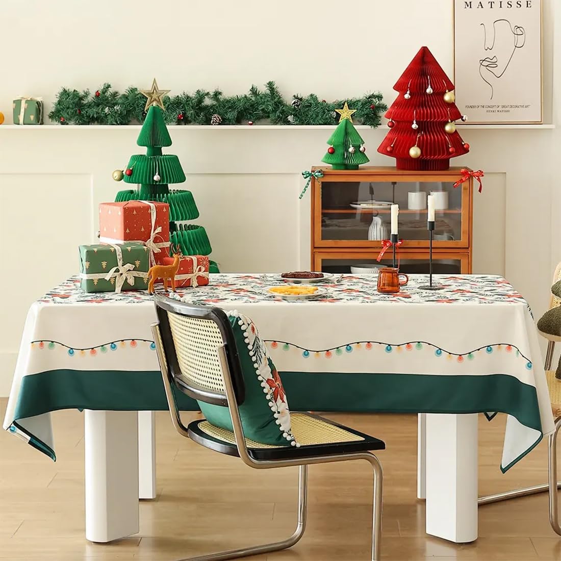 Fennco Styles Santa & Tree Holiday Design Tablecloth 56" W X71 L - Red Christmas Print Festive Table Cover for Christmas Décor, Dining Room, Banquet, Family Gathering and Special Events