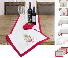 Fennco Styles Embroidered Holly Christmas Tree Double-Layer Holiday Tablecloth